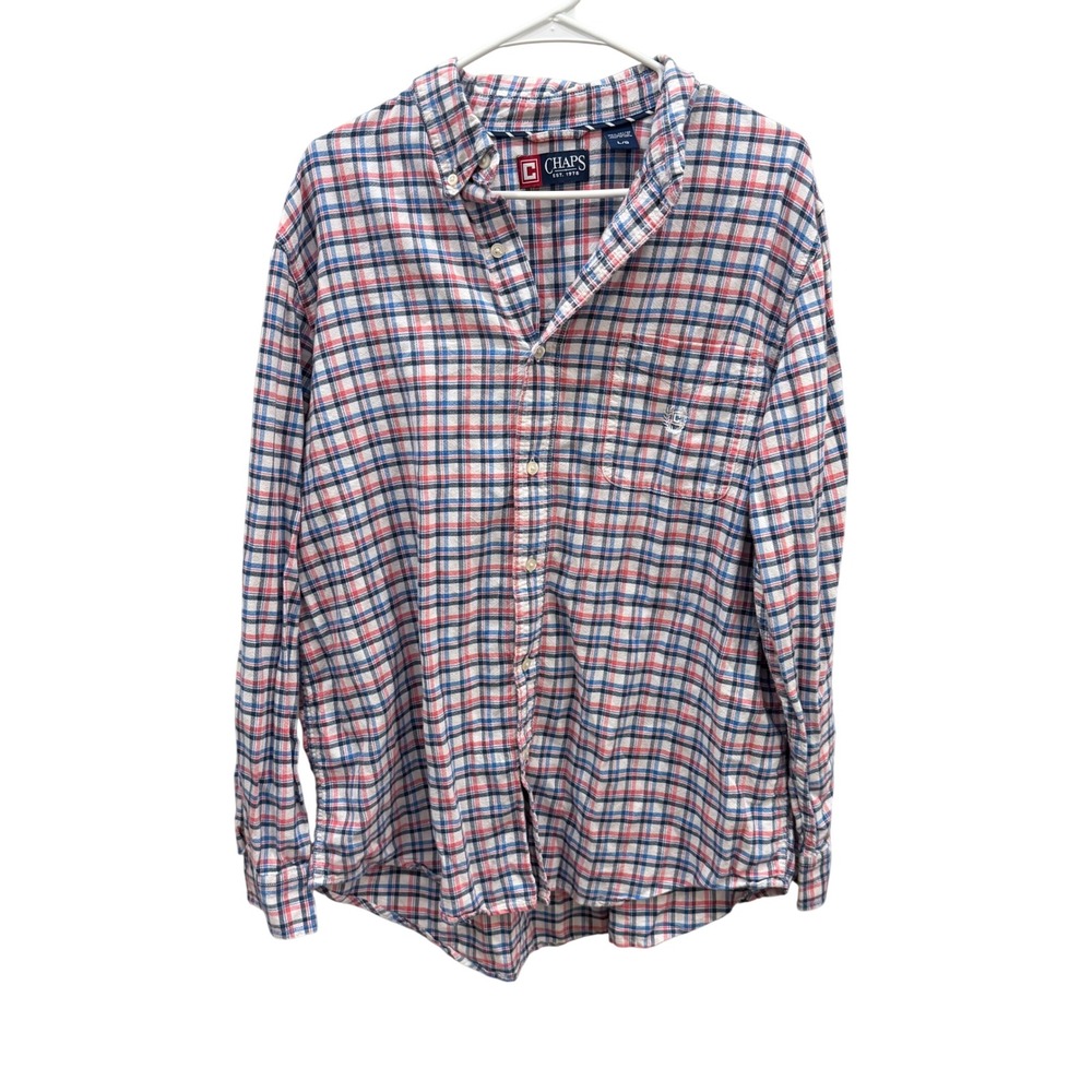 Chaps Mens Large Red White Blue Plaid Long‎ Sleeve Cotton Button Down Shirt L/G